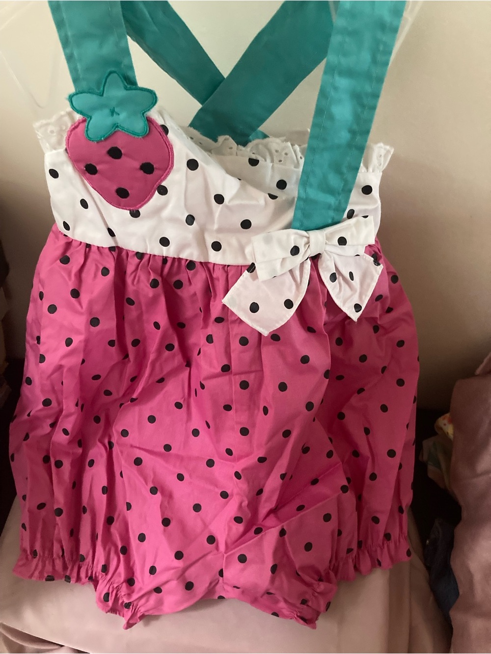 Tiny tots 18 months girls Pink Polka Dot Strawberry Romper with Teal Straps new
